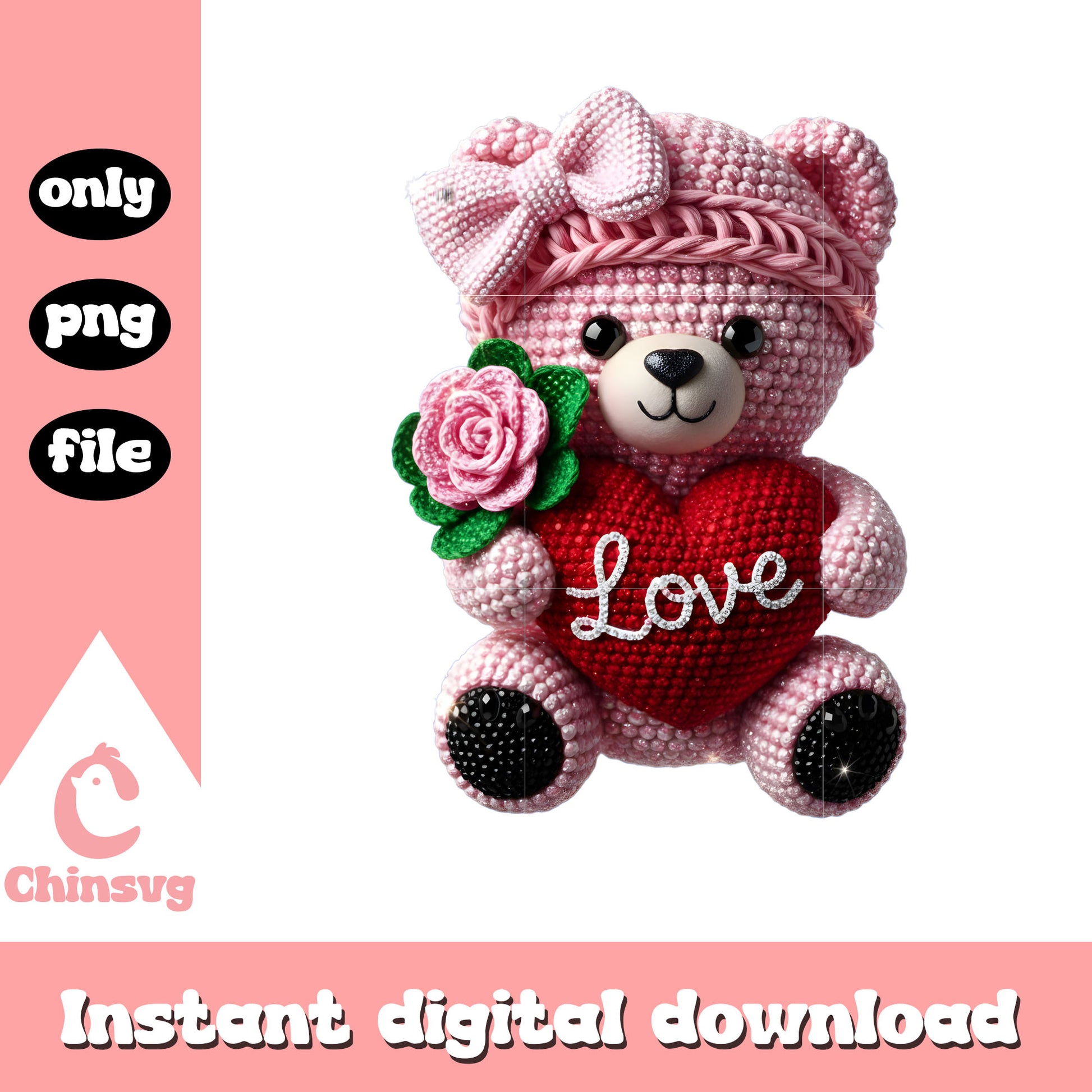  Crochet pink bear valentine png, valentines teddy bear​​ png