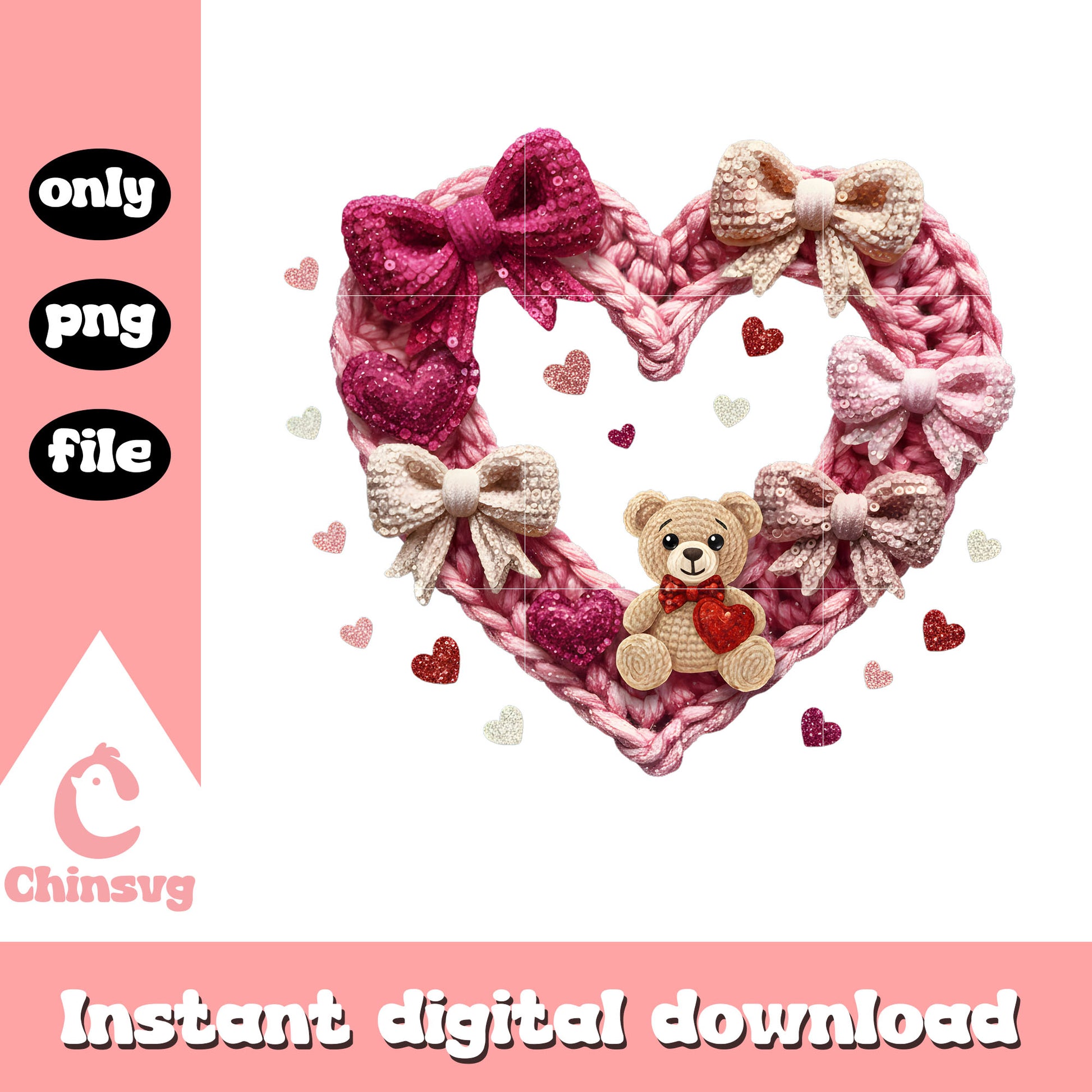 Crochet pink hearts bow png, happy valentines my love​ png