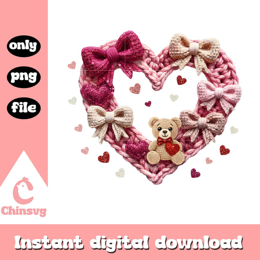 Crochet pink hearts bow png, happy valentines my love​ png