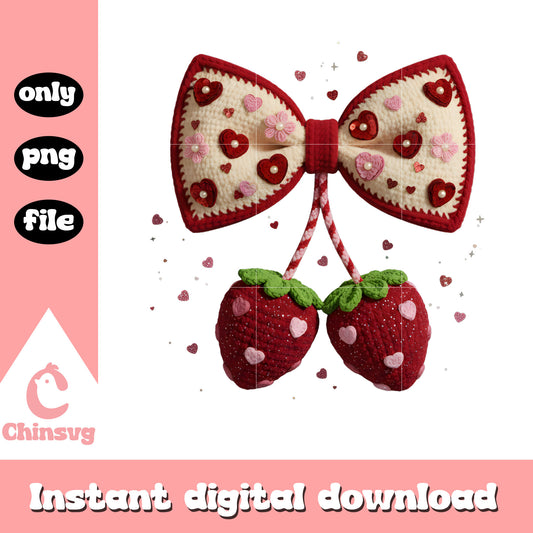 Crochet strawberry bow love png, valentines day bow png