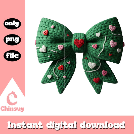 Crochet valentine green bow png, valentines day bow​​​ png