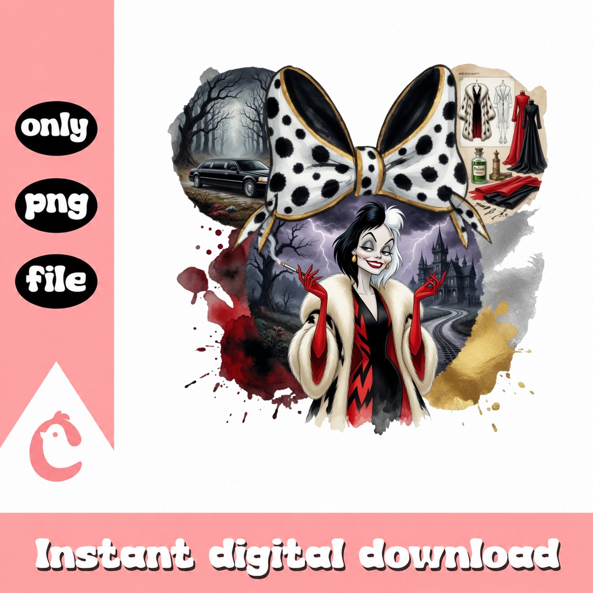 Cruella De Vil Disney Villain PNG, Minnie Bow PNG, Halloween PNG