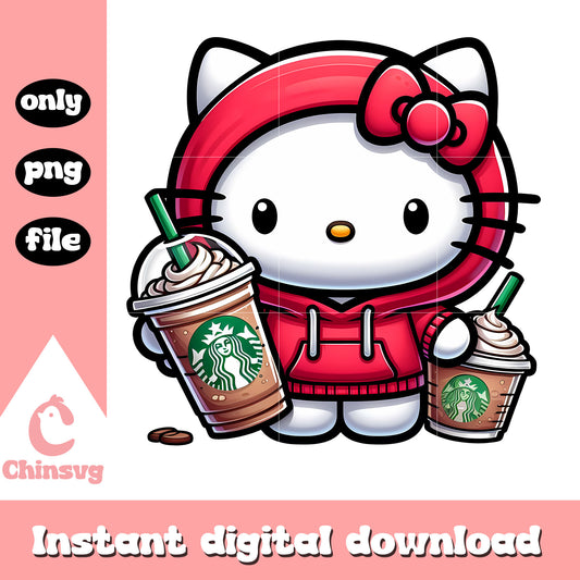 Cute Kitty orange hoodie starbucks png, hello kitty png, starbucks png