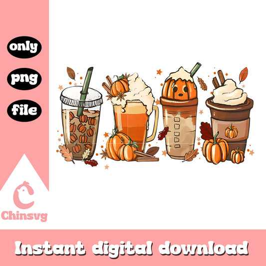 Cute Scary Horror Iced Coffee Pumpkin png, Fall Halloween Latte png