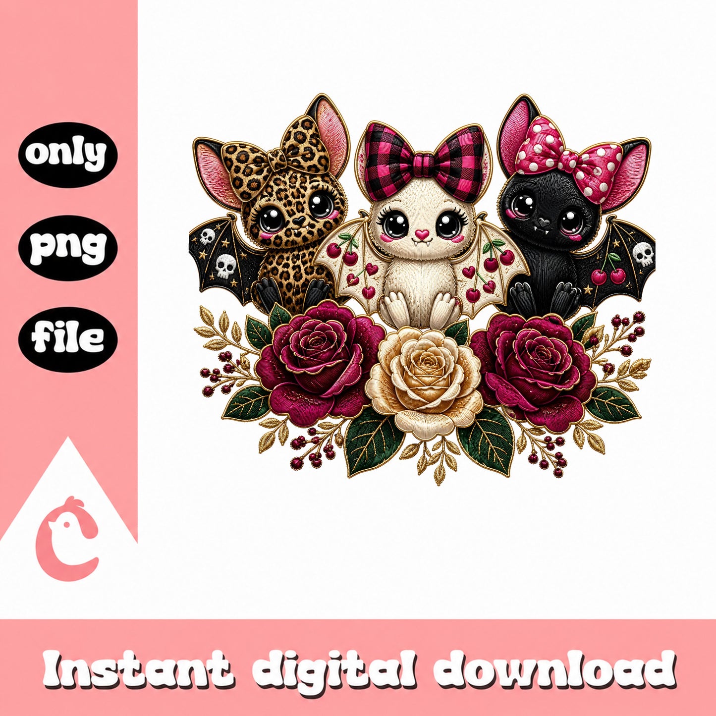 Cute Bat Trio Floral PNG, Halloween Bats PNG, Kawaii Bats PNG