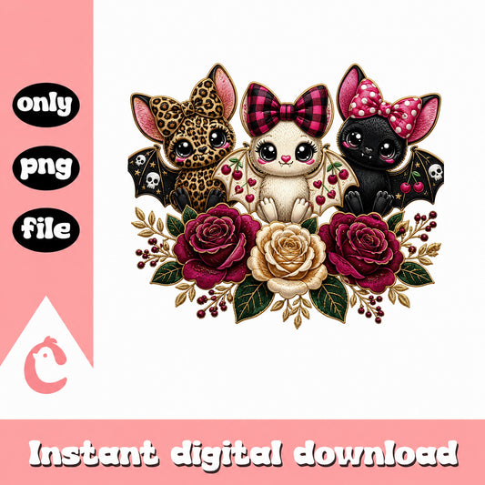 Cute Bat Trio Floral PNG, Halloween Bats PNG, Kawaii Bats PNG
