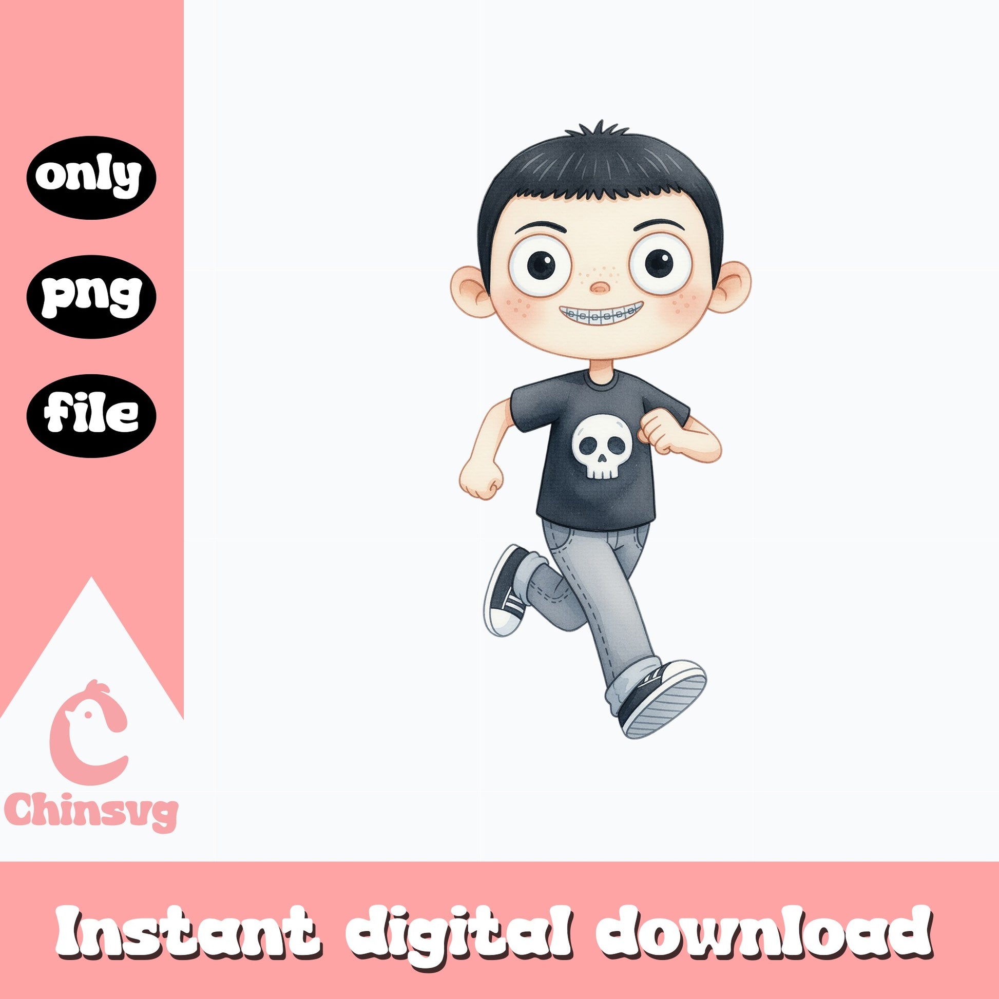 Cute Boy With Braces Skull Shirt PNG, Funny Kid Clipart PNG, Boy Character PNG