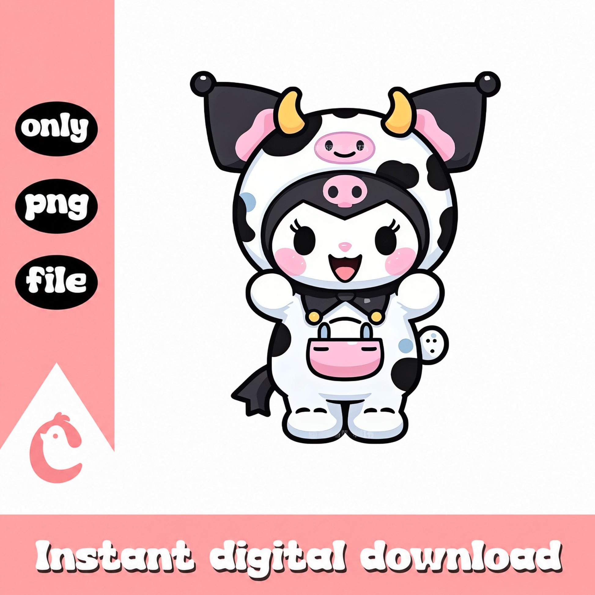 Cute Cow Girl Clipart PNG, Kawaii Animal Character, Instant Download PNG