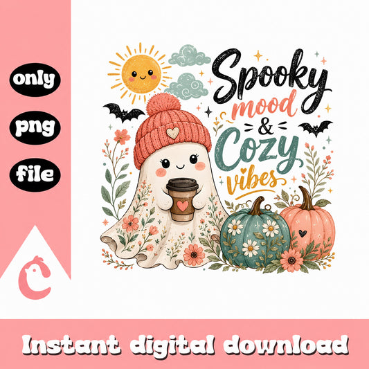Cute Ghost Coffee Halloween PNG, Spooky Cozy Vibes PNG, Fall Pumpkin PNG