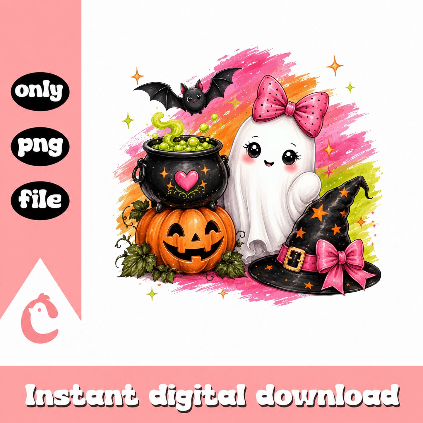 Cute Ghost Halloween PNG, Pink Bow Witch Pumpkin, Halloween PNG