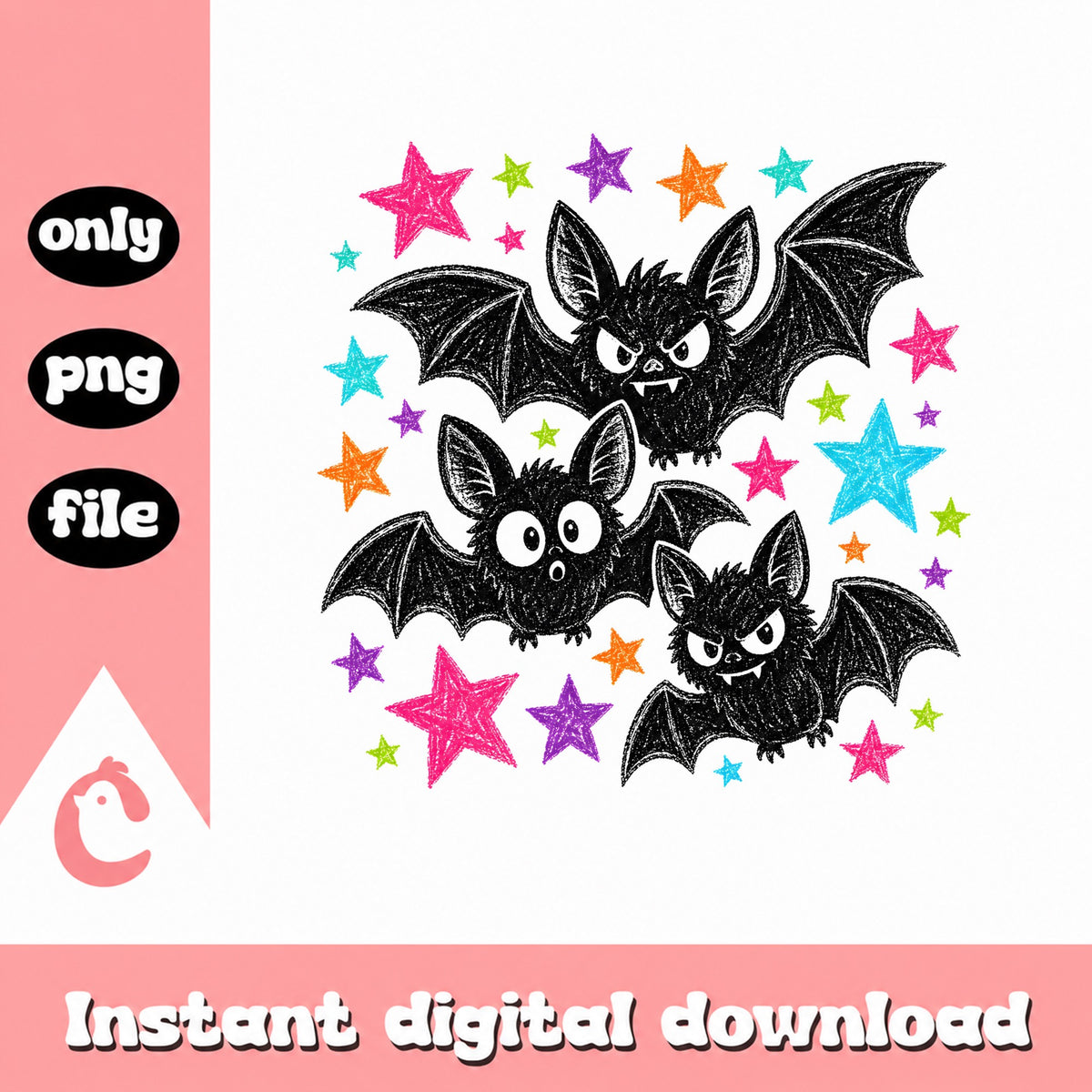 Cute Halloween Bats With Stars PNG, Spooky Bat Clipart PNG, Halloween PNG