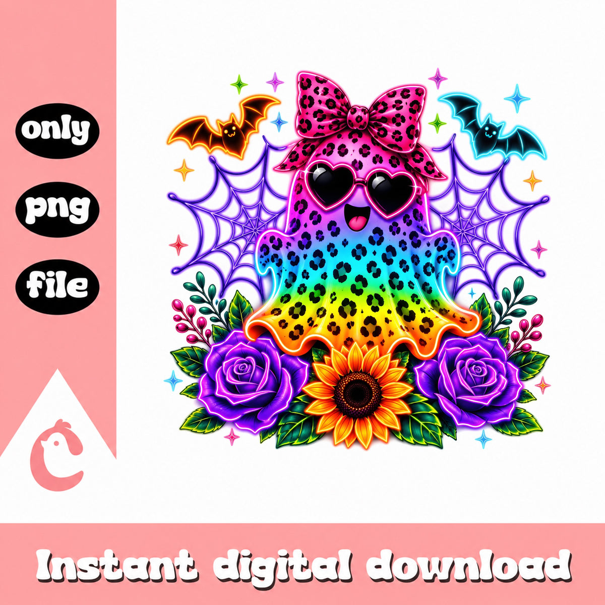 Cute Halloween Ghost Leopard Floral PNG, Neon Ghost PNG, Halloween PNG