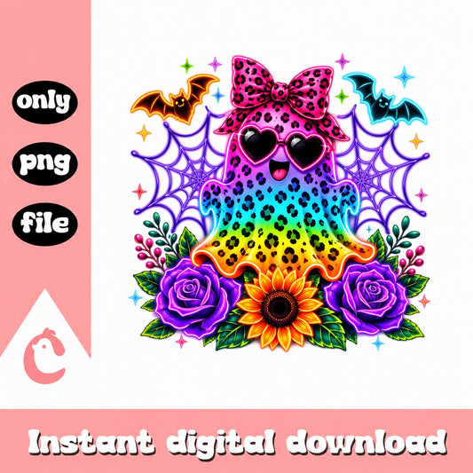 Cute Halloween Ghost Leopard Floral PNG, Neon Ghost PNG, Halloween PNG