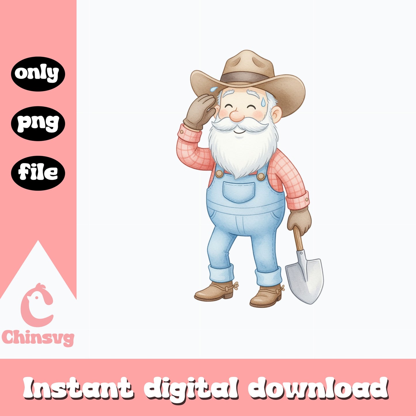 Cute Old Farmer With Shovel Clipart, Watercolor Farmer PNG, Gardening PNG