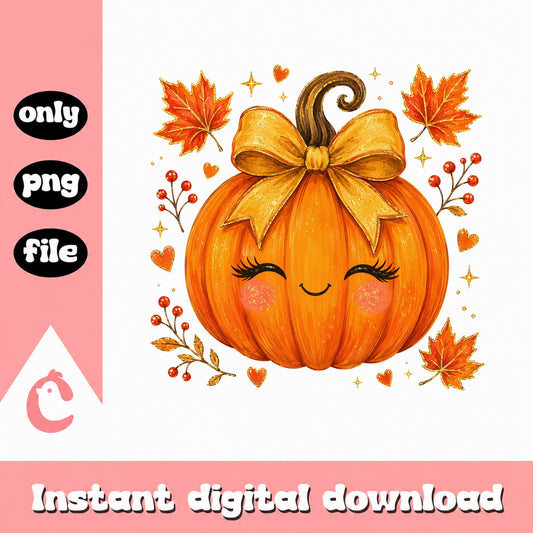 Cute Pumpkin With Bow PNG, Fall Autumn Clipart, Halloween PNG