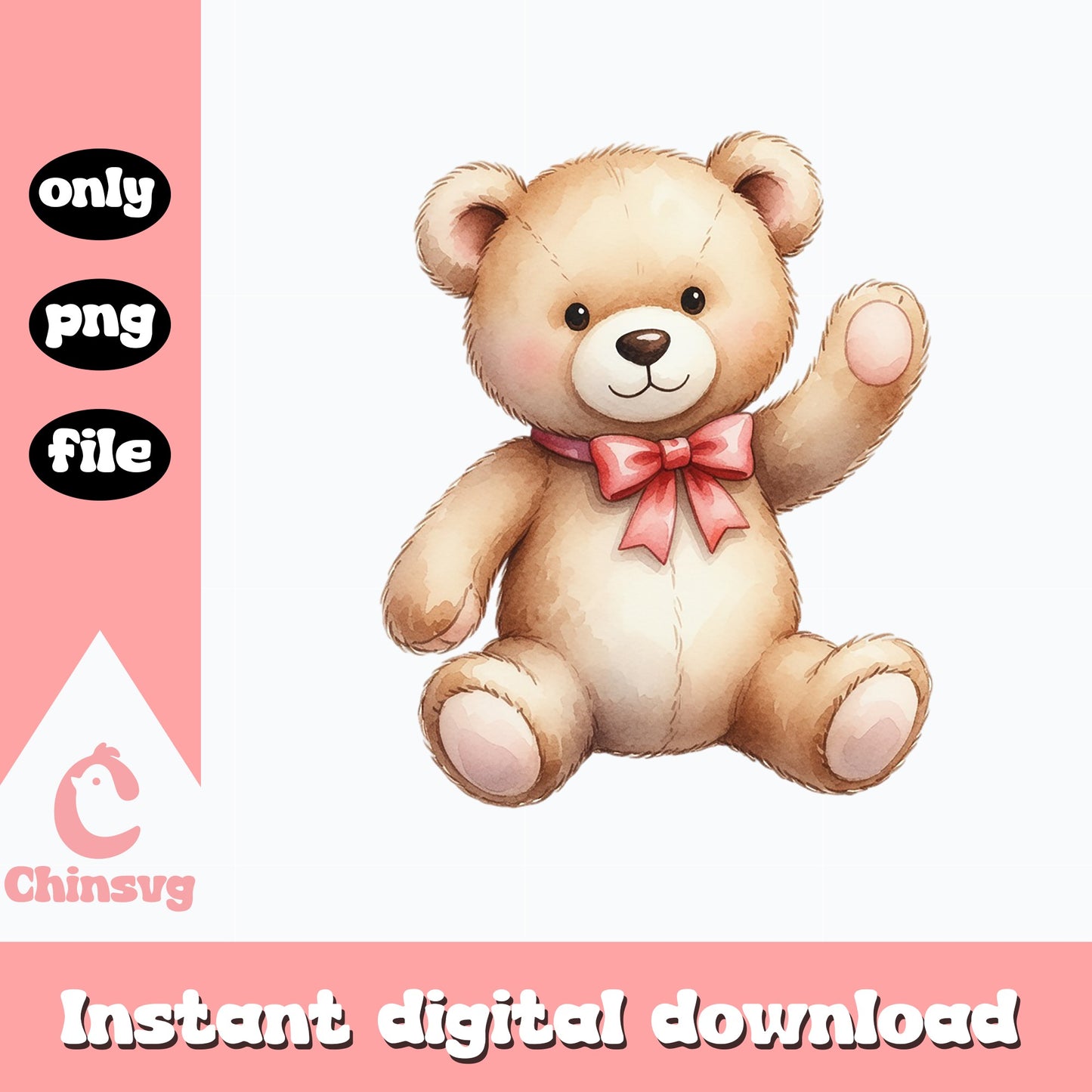 Cute Teddy Bear Watercolor Clipart, Bear With Bow PNG, Bear PNG