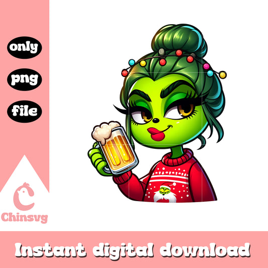 Cute girl grinch with beer cup christmas lights png, the grinch beer​ png