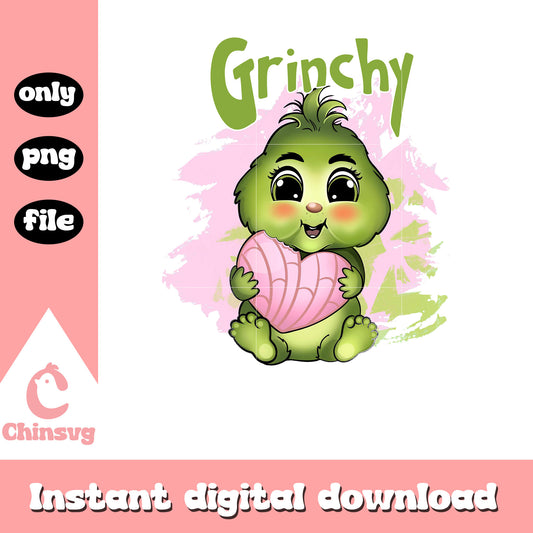 Cute grinch eating concha christmas design png, baby grinch​ png