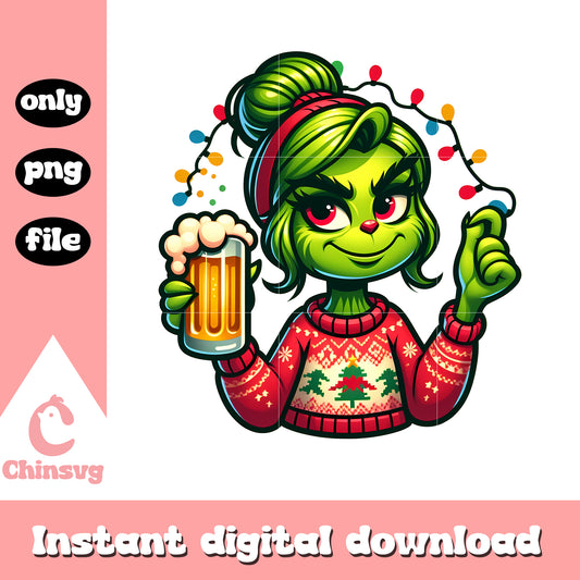 Cute grinch girl with beer cup png, christmas light​ png