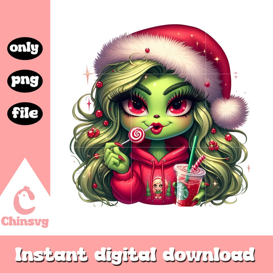 Cute red grinch girl with coffee png, grinch cup starbucks​ png