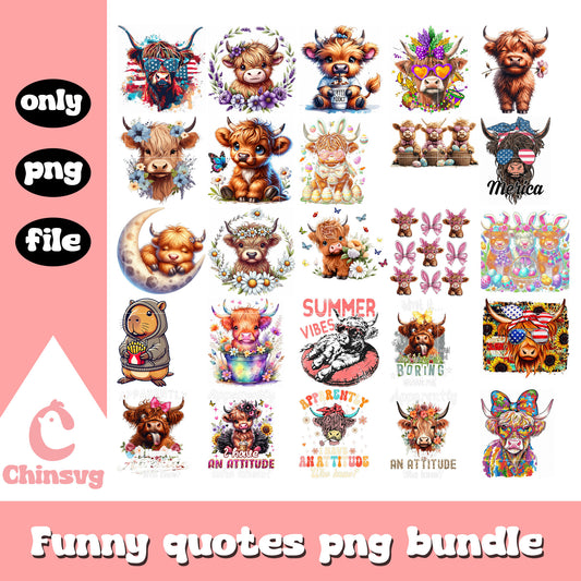 Cute baby highland cow design bundle png, highland cow png, animal png