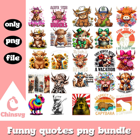Cute capypara and highland cow bundle png, highland cow png, capypara png