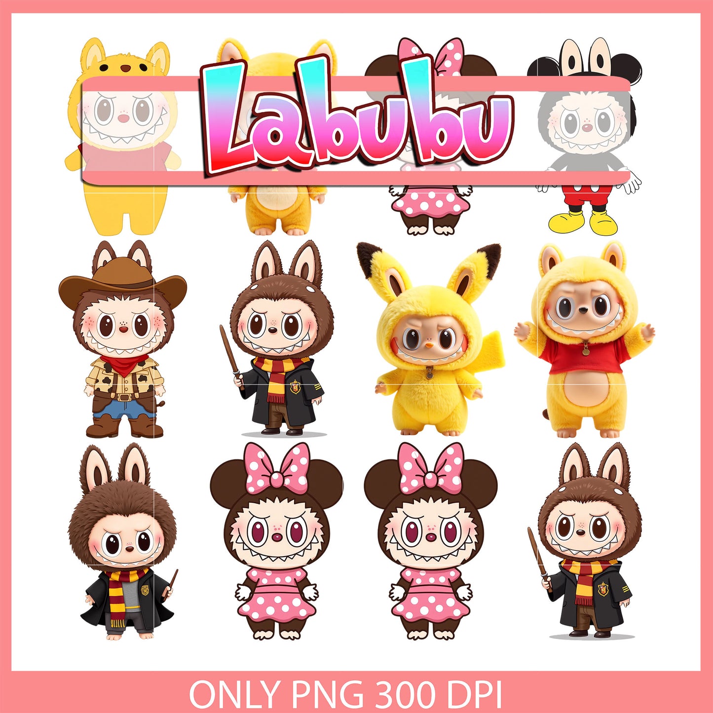 Cute characters labubu cosplay clipart bundle png, labubu clothing png