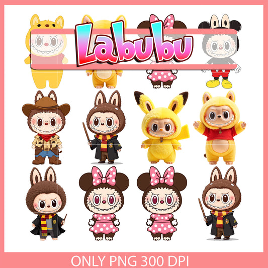 Cute characters labubu cosplay clipart bundle png, labubu clothing png