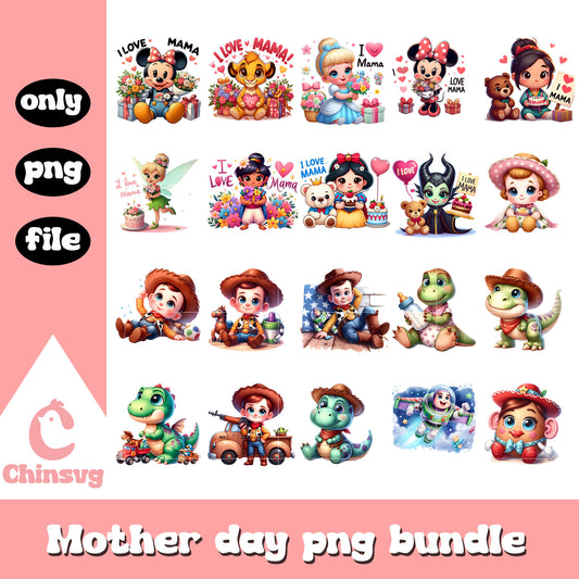 Cute chibi disney casts mother day bundle png, disney png, mother's day png
