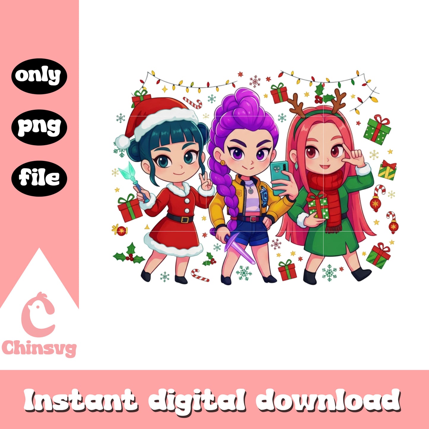 Cute chibi huntrix girl characters kpop xmas png, huntrix kpop png