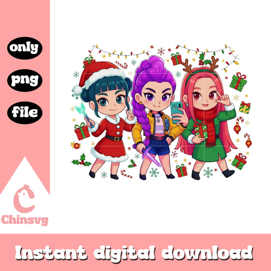 Cute chibi huntrix girl characters kpop xmas png, huntrix kpop png