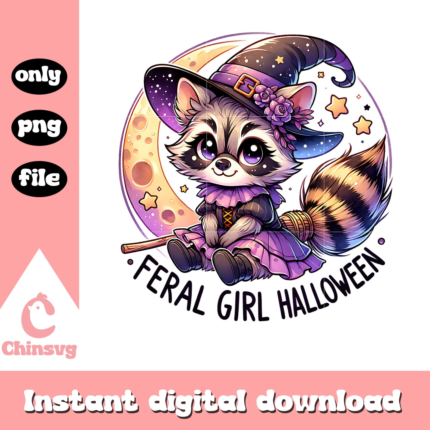 Cute feral girl and moon png, horror night png, cute feral png