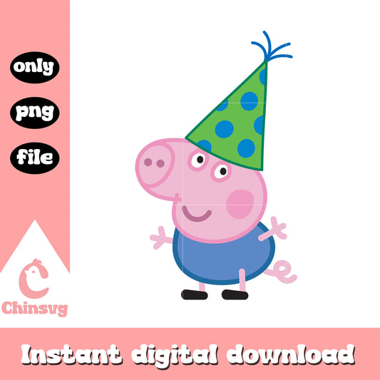 Cute george pig with birthday hat design png, george pig peppa pig png