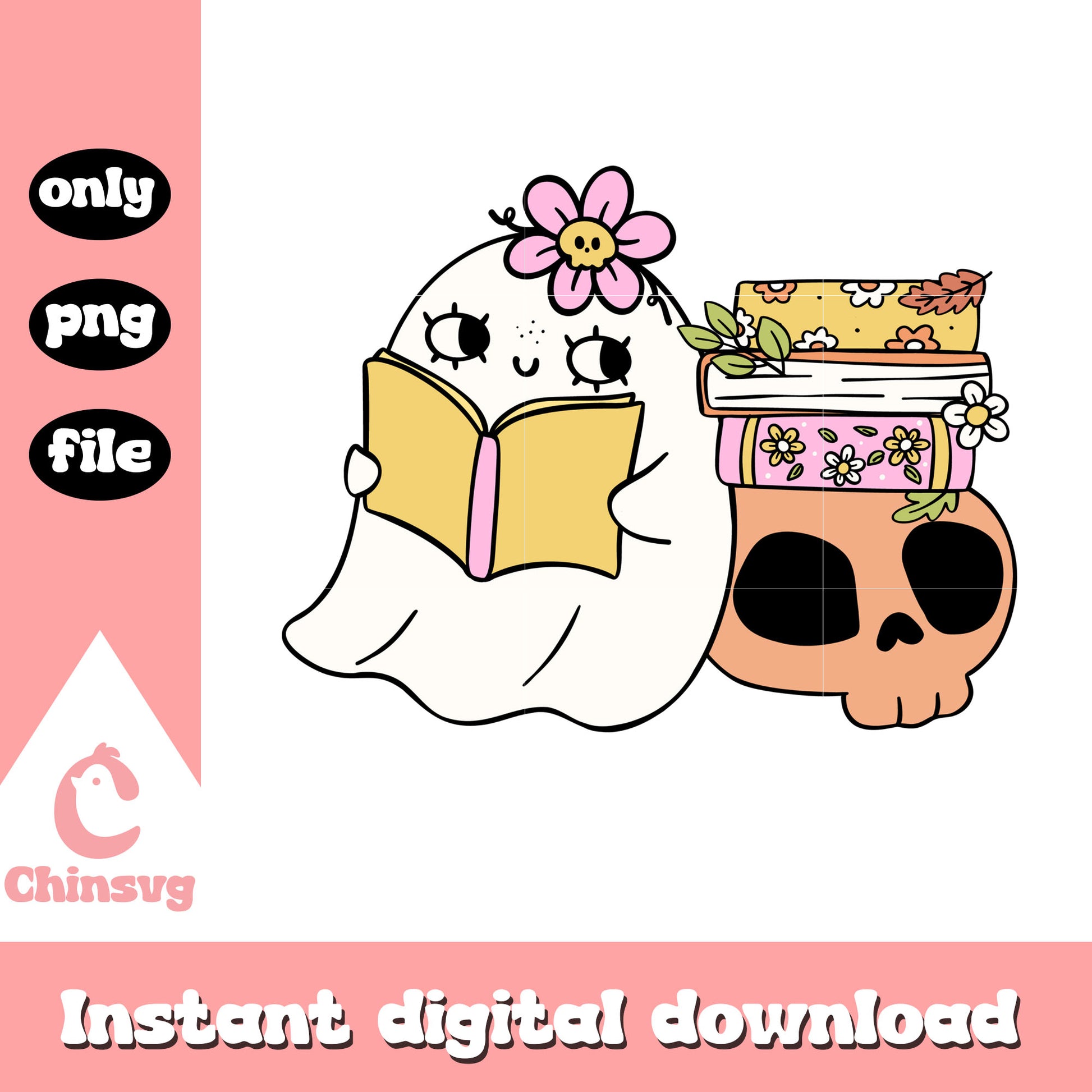 Cute ghost and book skull design png, reading book png
