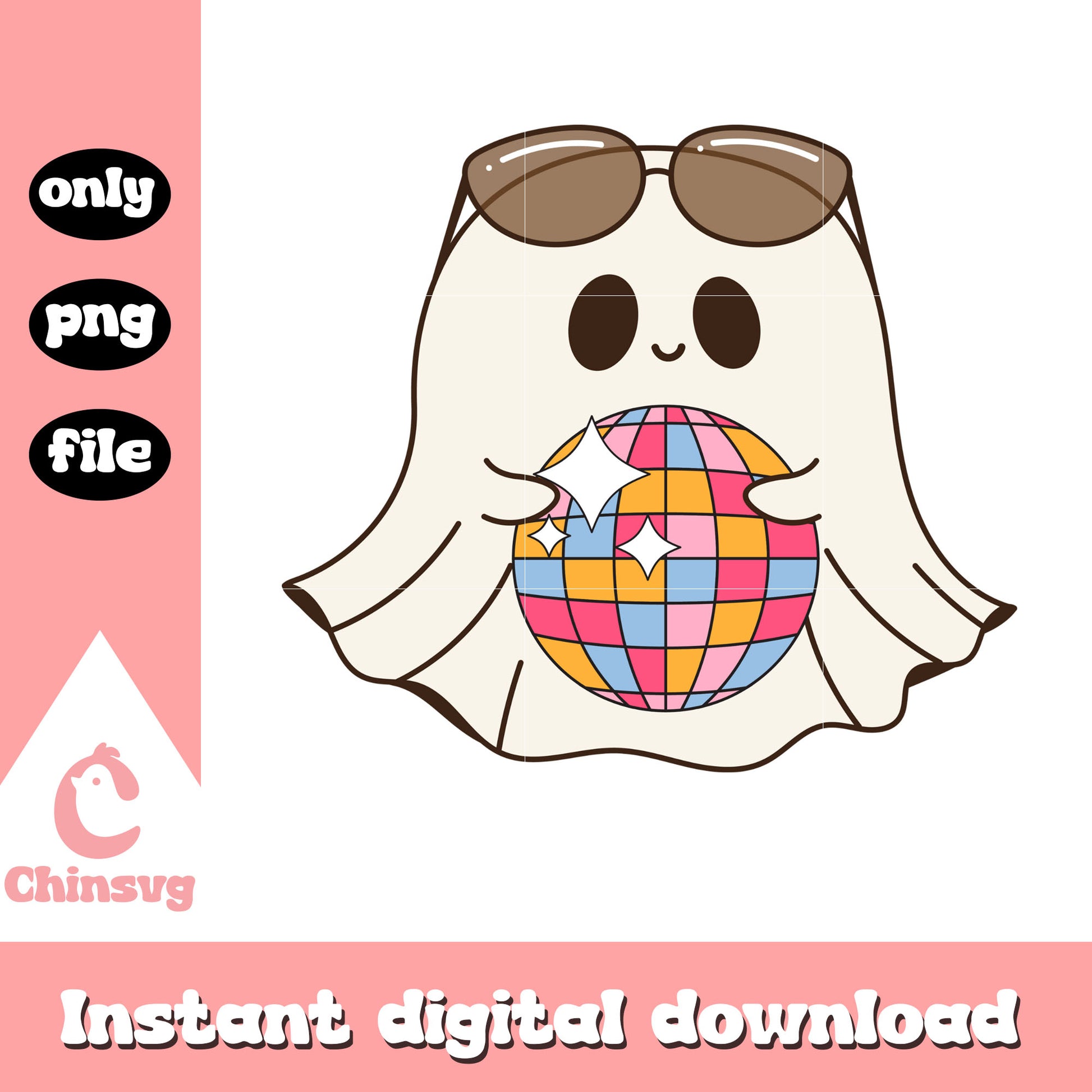 Cute ghost and disco ball design png, disco ball png
