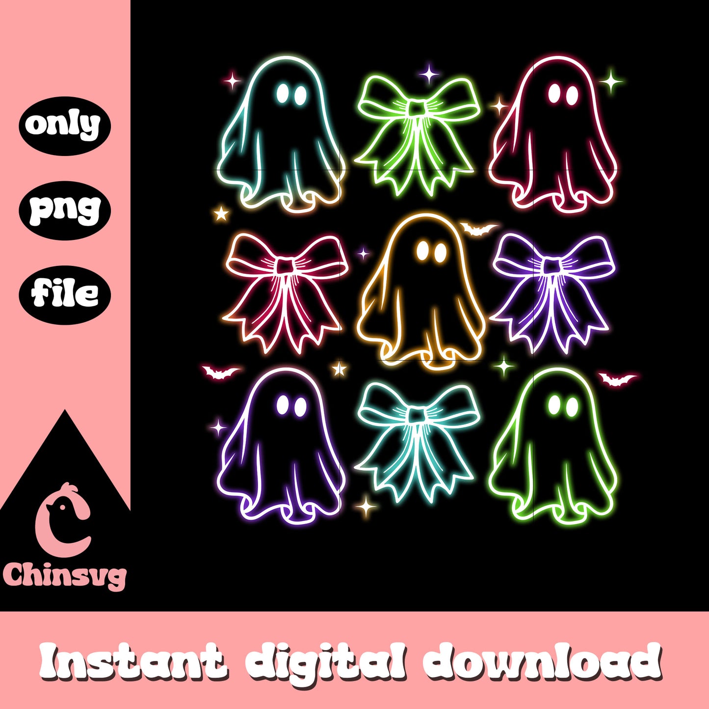 Cute ghost coquette bow halloween neon art png, ghost halloween png