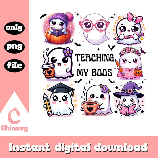Cute ghost teaching my boos halloween design png, cute ghost png
