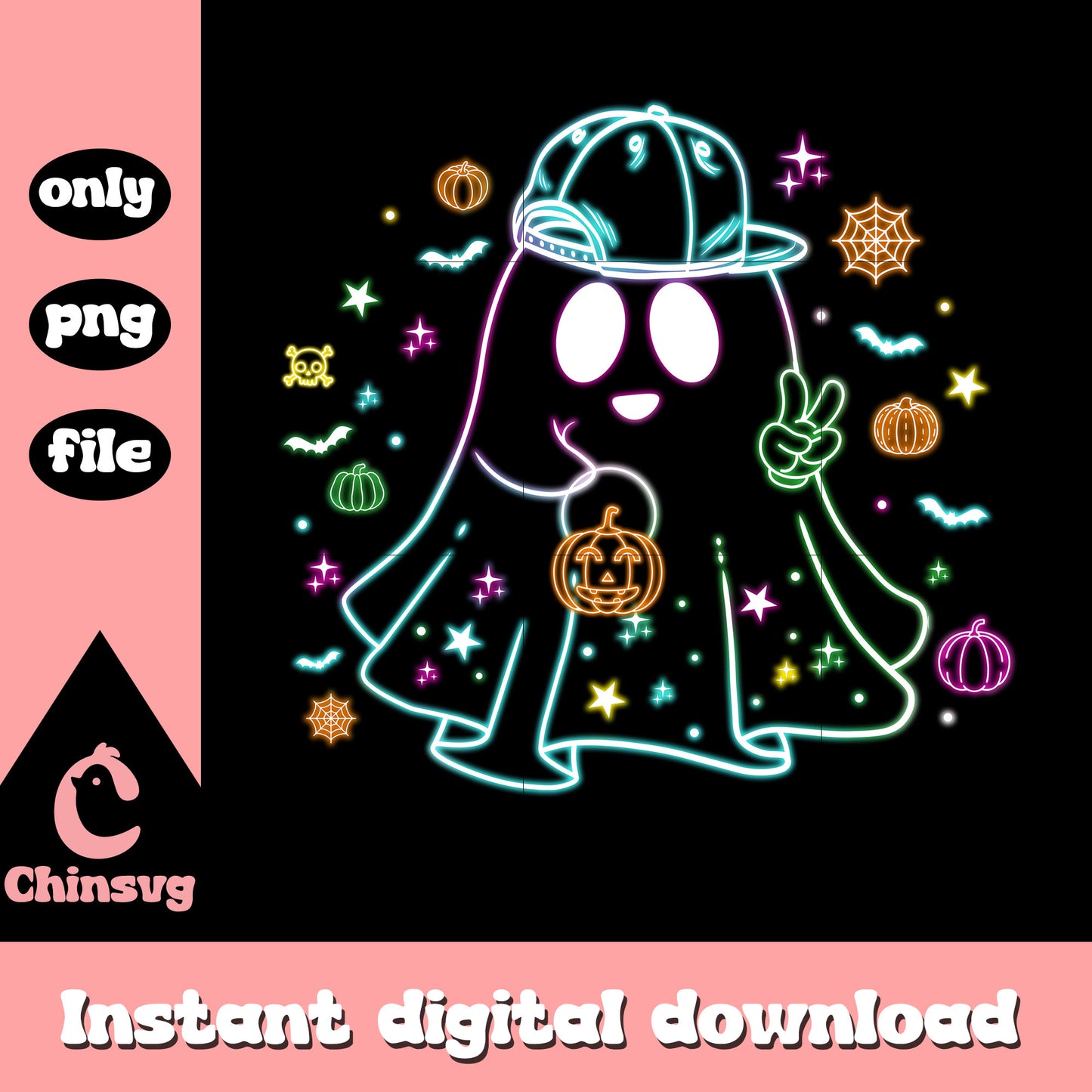 Cute ghost wear hat hand hi halloween neon art png, halloween png