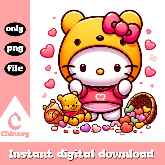 Cute hello kitty and candy heart png, winnie the pooh png