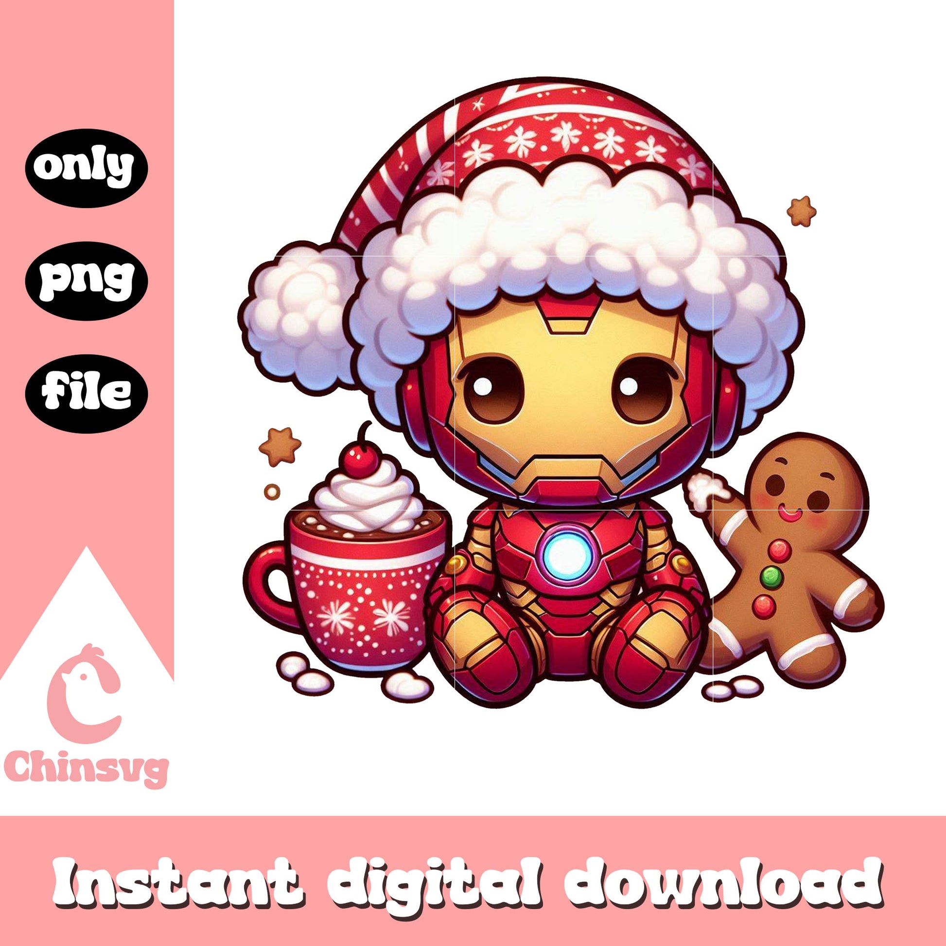 Cute iron man and christmas desserts png, santa claus png
