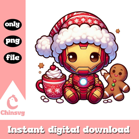 Cute iron man and christmas desserts png, santa claus png