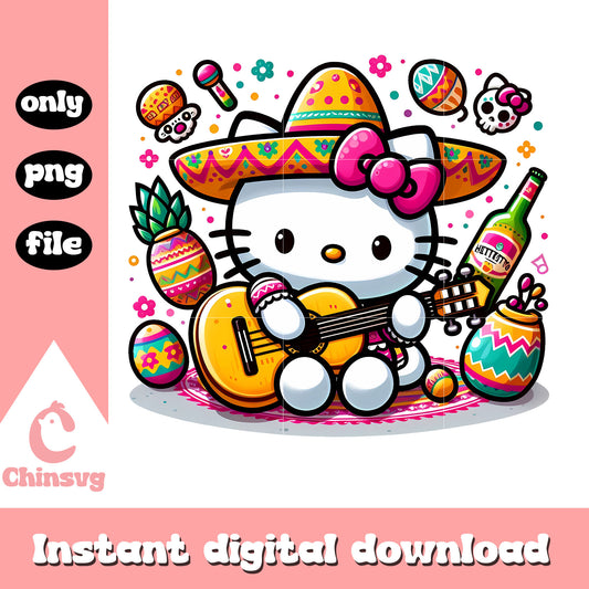 Cute kitty play guitar design png, mexico festival png, sanrio png