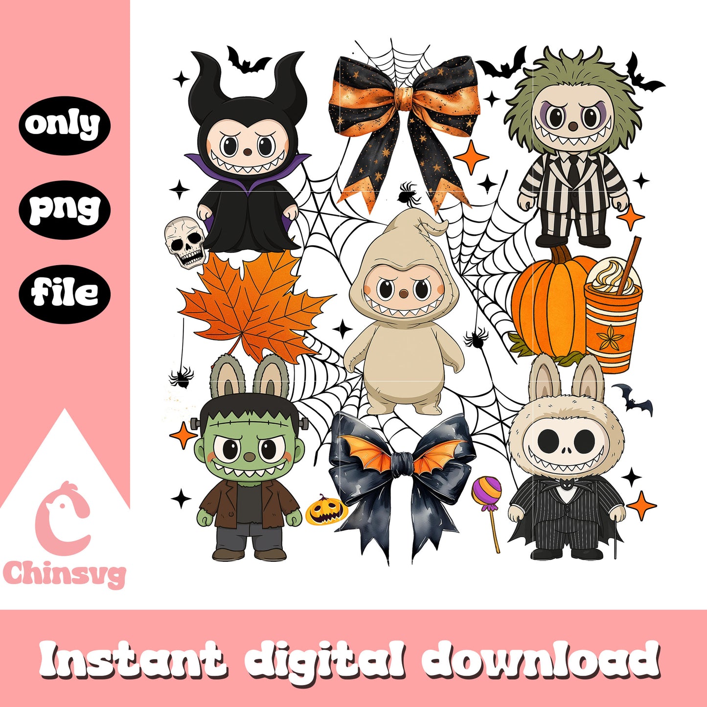 Cute labubu and halloween symbols png, halloween vibes png