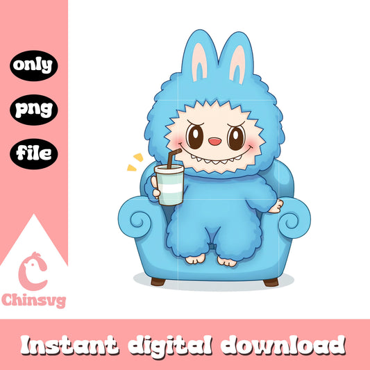 Cute labubu blue drink design png, labubu drawing png
