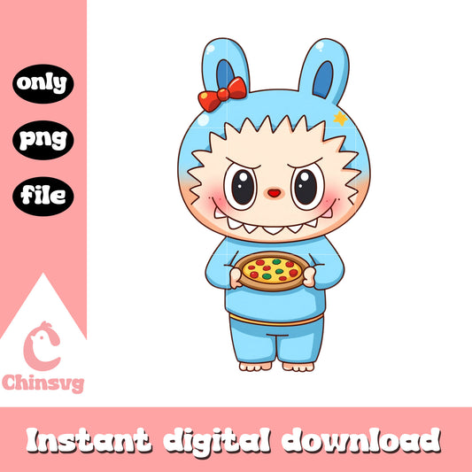 Cute labubu blue holding pizza design png, labubu drawing png