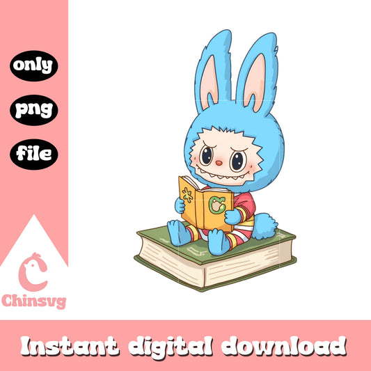 Cute labubu blue with books design png, labubu art png