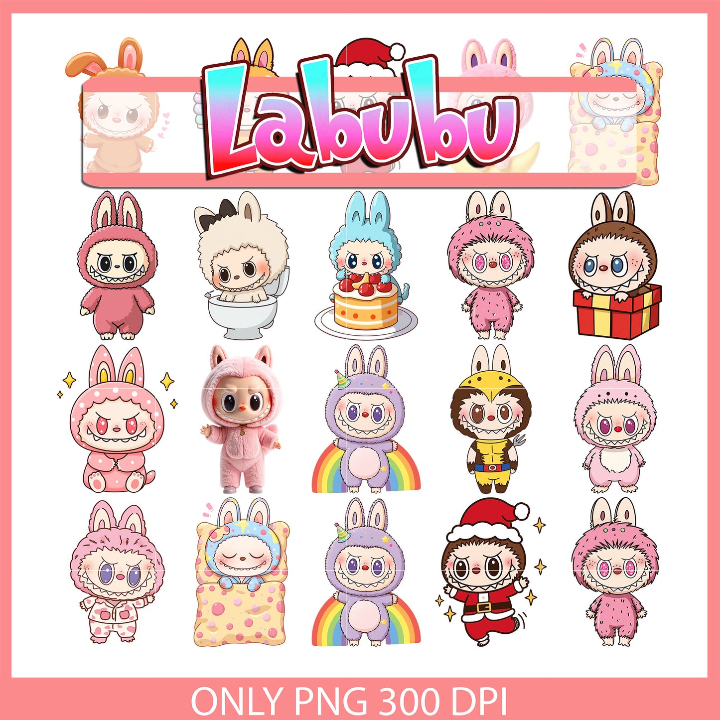 Cute labubu christmas clipart design bundle png, labubu doll png
