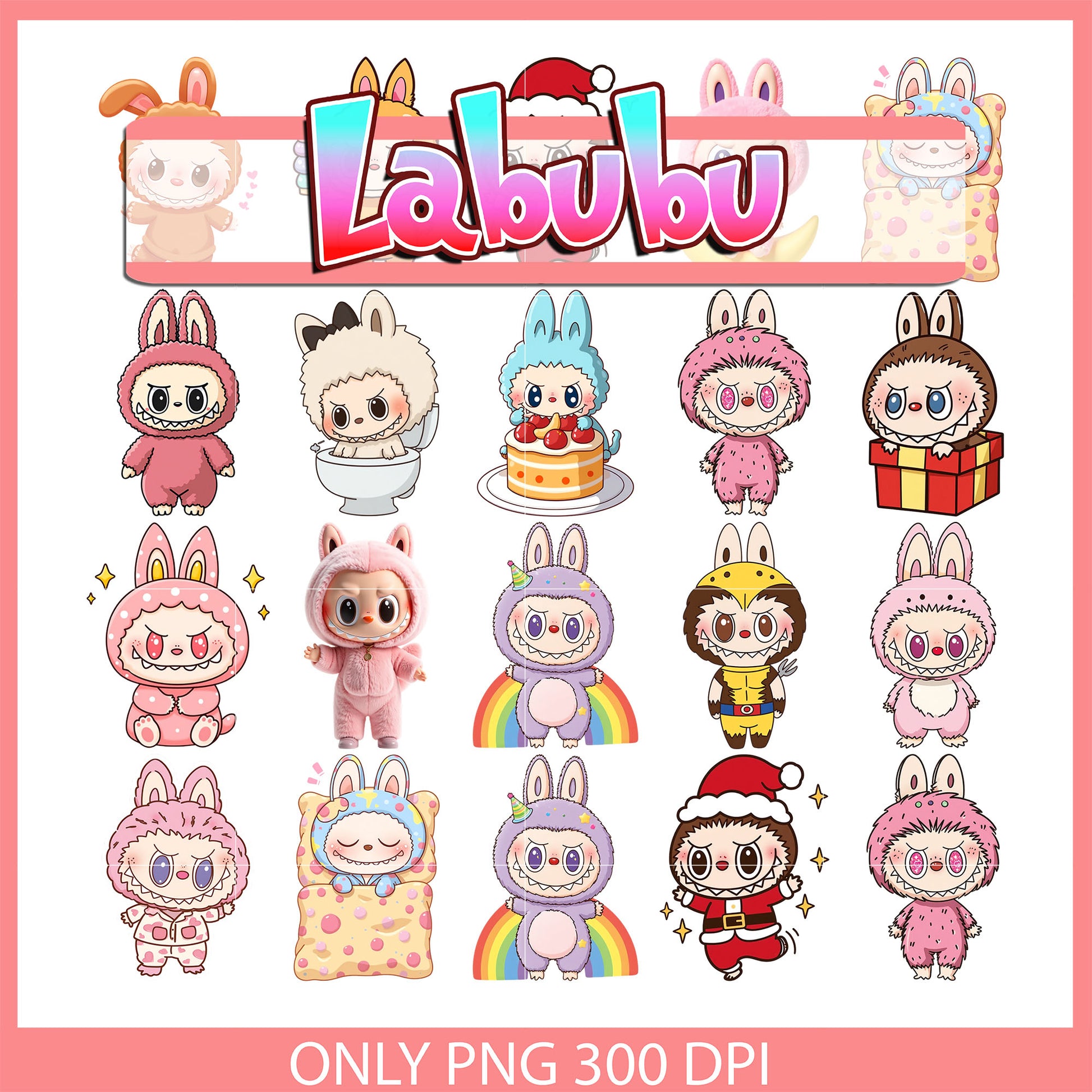 Cute labubu christmas clipart design bundle png, labubu doll png