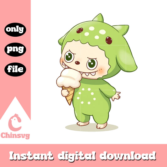 Cute labubu green with ice cream design png, labubu green png