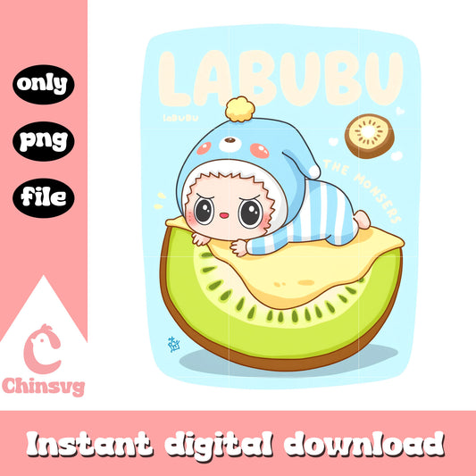 Cute labubu with kiwi design png, labubu outfits png